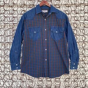 VTG 90s Guess Jeans plaid flannel and denim button up long sleeve shirt SMALL